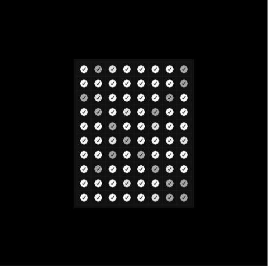 Jack Butcher's "Checks" has been the biggest mover in recent weeks. Black background. Checkmarks in a 8x10 pattern that light up and dim randomly.