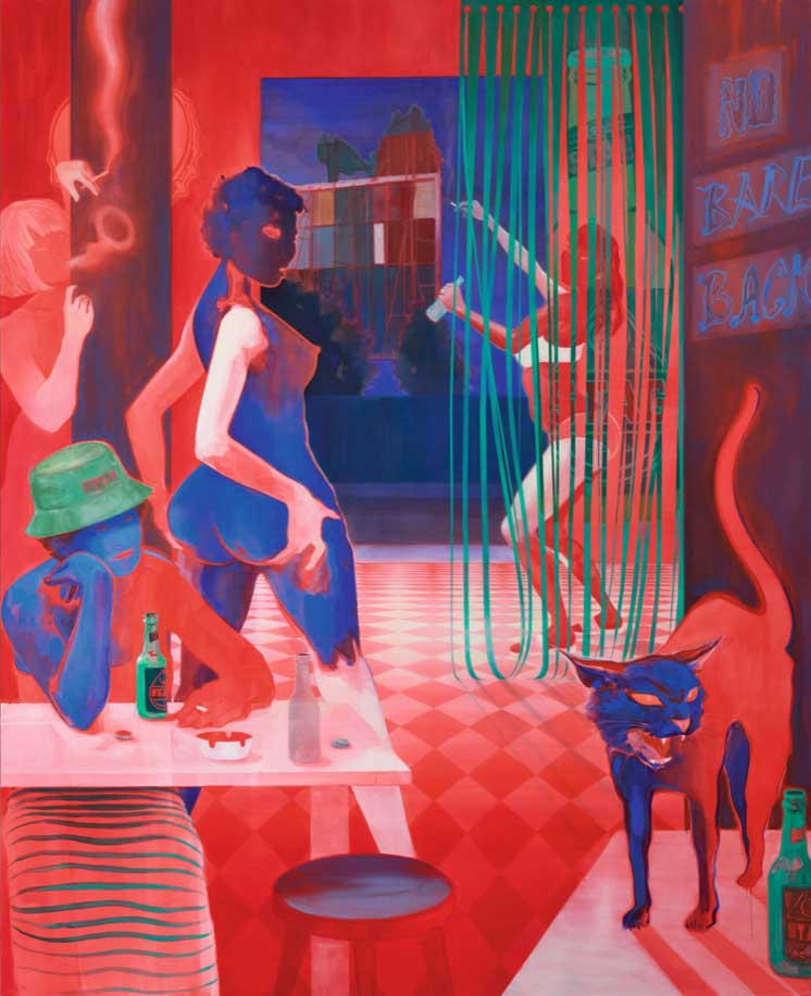 An illustrative, abstract painting mostly in the colors red and blue. The young contemporary artwork by Lisa Brice features several woman in the background dancing nude or in underwear. A man sits in the foreground at a table while smoking a cigarette. A cat arches its back and appears to hiss.