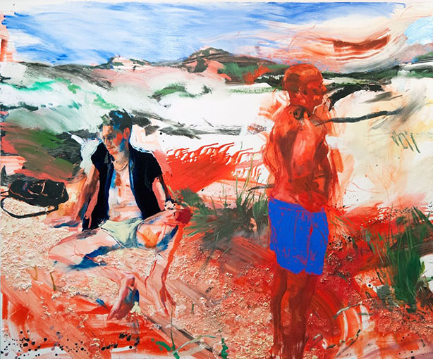 Colorful textural painting by Doron Langberg of two men in bathing suits done in a palette of red, white, green, and blue. As one man stands to the right of the image and looks out into nature, the sitting man on the left leans back and looks down at the ground.