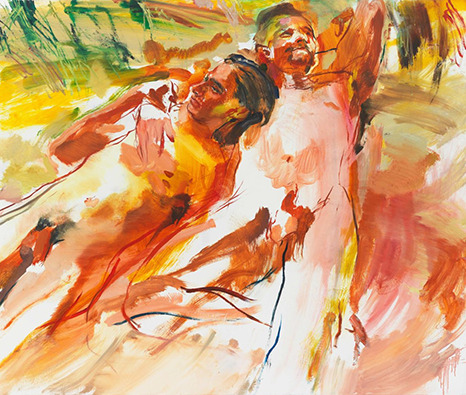 Colorful abstracted painting by Doron Langberg of two nude men laying in a field done in a warm color pallet of red, orange, and green. The men are relaxed and content.