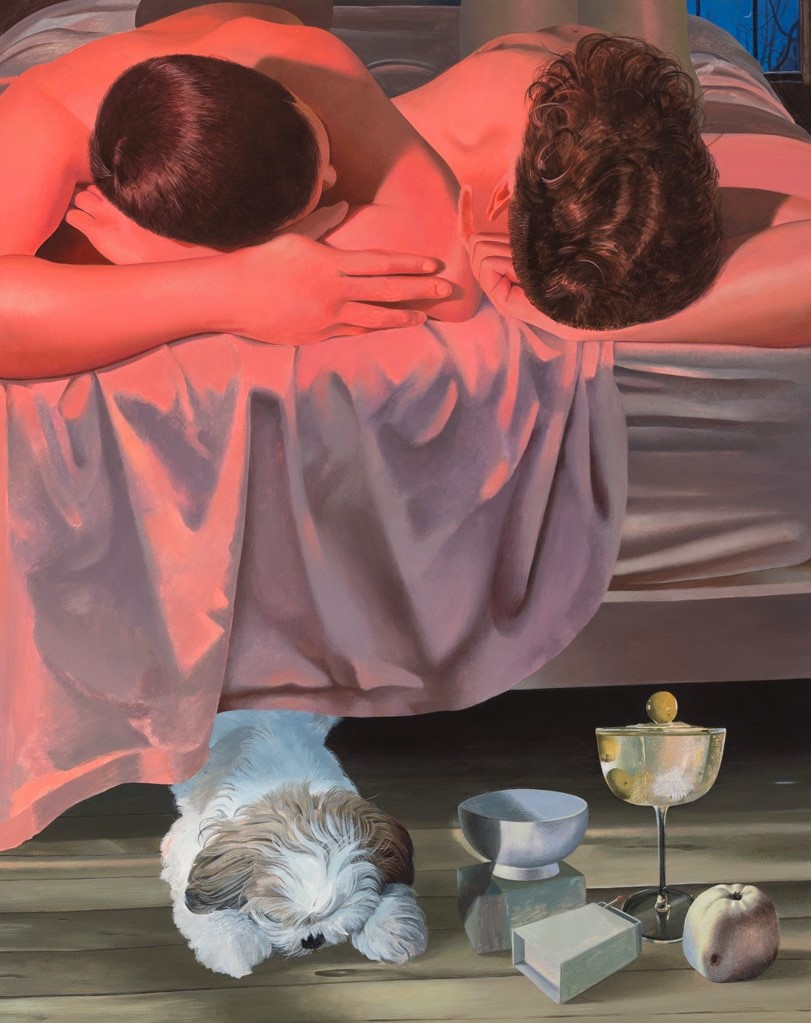 Painting by Kyle Dunn of the heads and shoulders of two men laying together at the end of a bed with a white dog, martini glass, and apple on the floor beneath them. A red light source casts their bodies in pink.