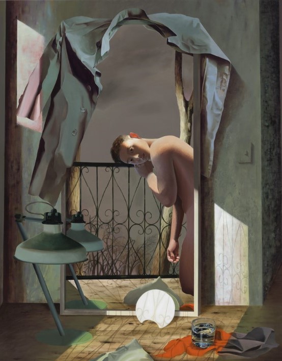 Painting by Kyle Dunn of a nude man's reflection bending into a floor mirror inside a room with a balcony draped with button-up shirts. The man is on his knees on the balcony looking at the viewer in the mirror's reflections.