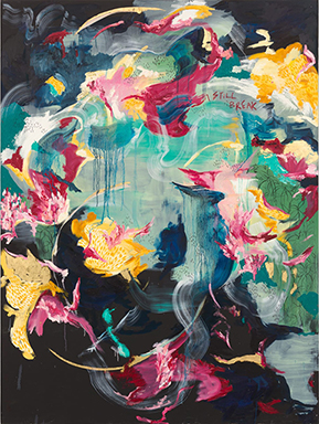 Colorful abstracted painting by Michaela Yearwood-Dan of pink and yellow flowers reflected in a blue watery surface. The center of the piece is light while the edges fade to black. Written in red paint is, "I still break."
