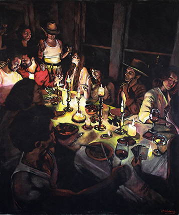 Dark painting by RF Alvarez almost entirely black save for a candle-lit table where eleven people sit after a meal. The atmosphere is relaxed inside the small, windowed room.