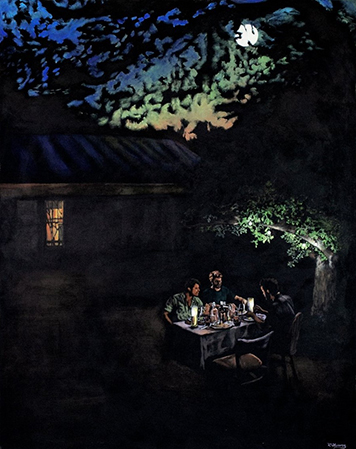 Dark painting by RF Alvarez lit only by a candle-lit table where three men sit under a tree. Behind them, light can be seen coming from a single house window and a moon peeks through the trees standing in front of a rainbow colored sky.