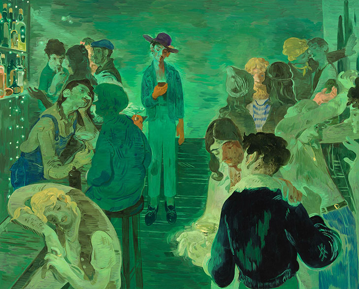 Green painting by Salmaan Toor of a bar scene where green-toned men talk and drink. On the left side, a blond man lays asleep on the bar as a man in the center background stands alone on his phone.