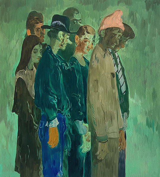 Green painting by Salmaan Toor showing a group of seven sad people standing straight, with their hands at their sides, looking down at the ground. The painting is melancholy and even the figures are green in tone with the only other colors being orange, pink, and blue. There is visible brushstroke texture.