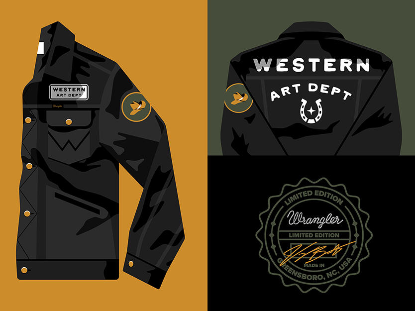 NFT art of three views of a black denim jacket created by artist Jeremy Booth embroidered with "Western Art Department." 