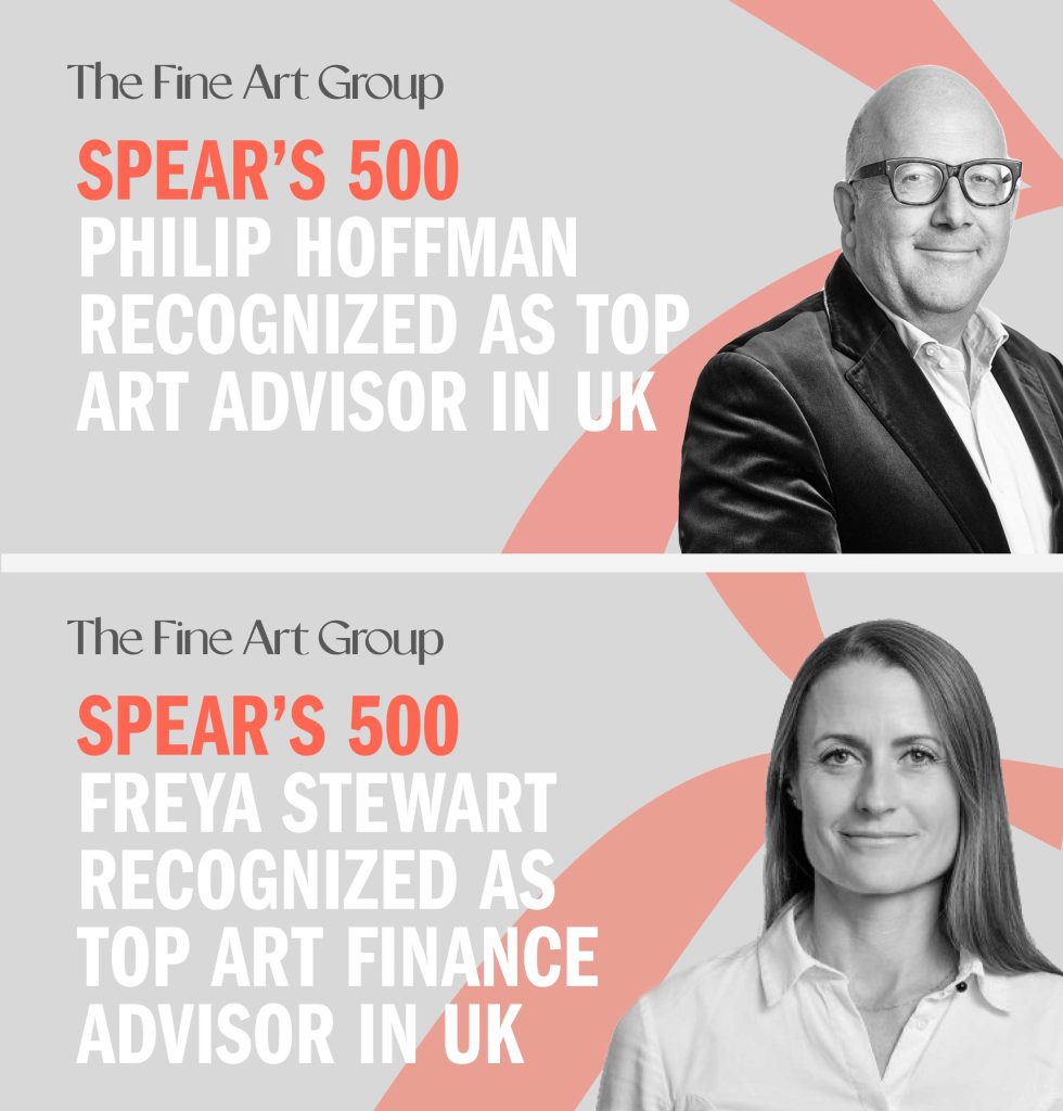 A square social media graphic in white, grey and coral red announcing Philip Hoffman and Freya Stewart of The Fine Art Group as Spear's 500 top picks for Art Advisory and Art Finance. The image also features greyscaled photo portraits of both, a man and woman.