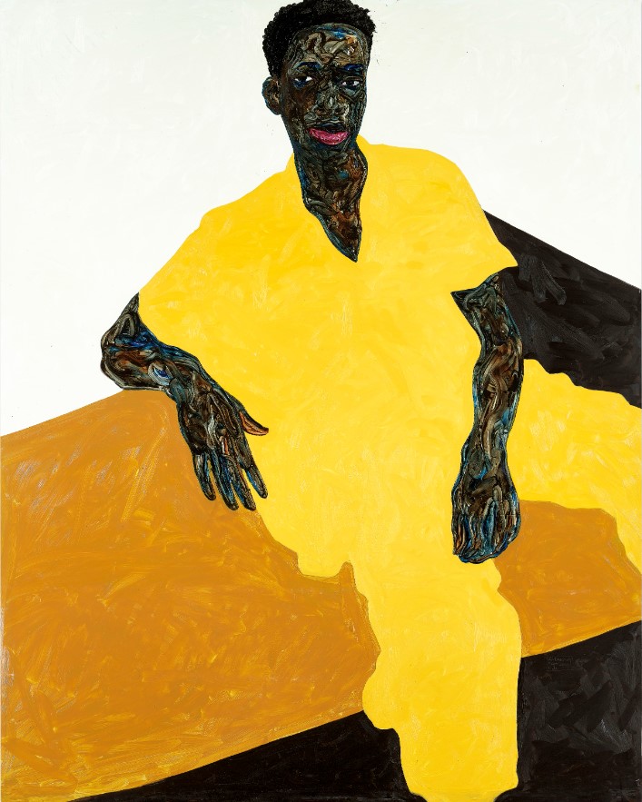 Collage-like painting of a black man with a yellow shirt and yellow pants reclining on a yellow bed. 