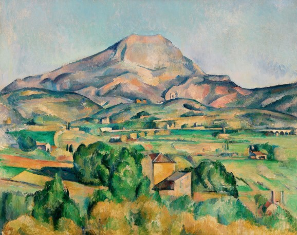 Impressionist painting of a green valley with a pink and gray mountain reaching up behind it