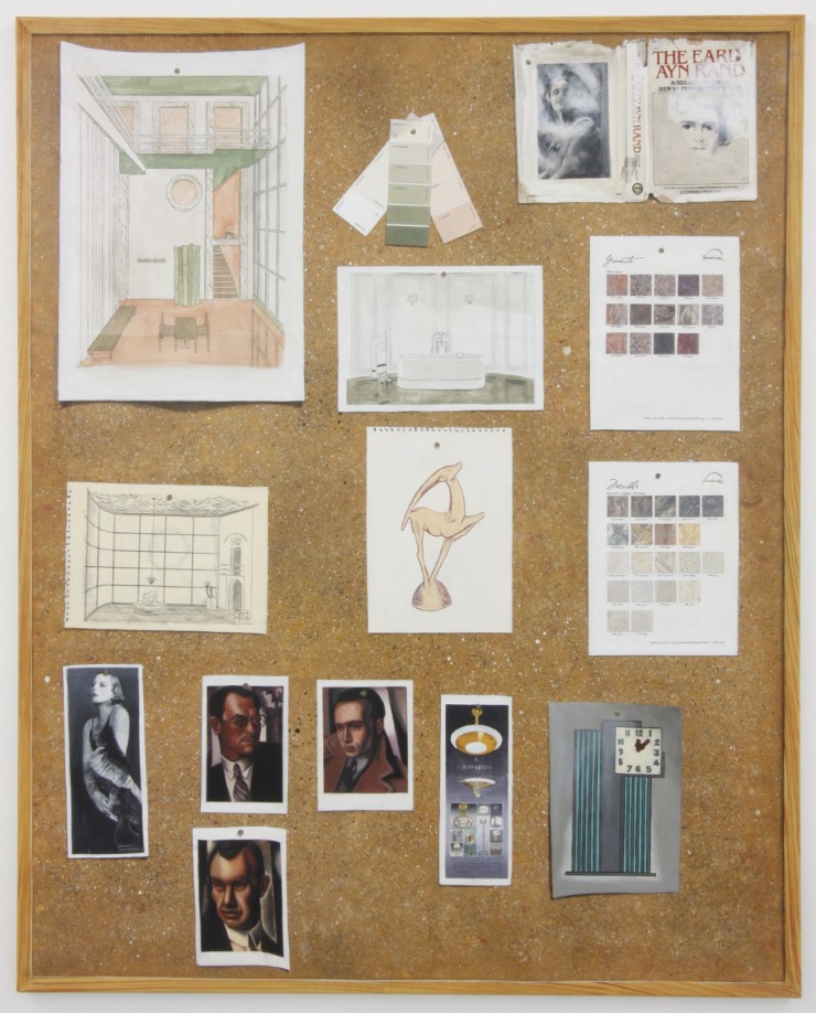 Art installation of scraps of paper, pictures, and notes on a large corkboard.