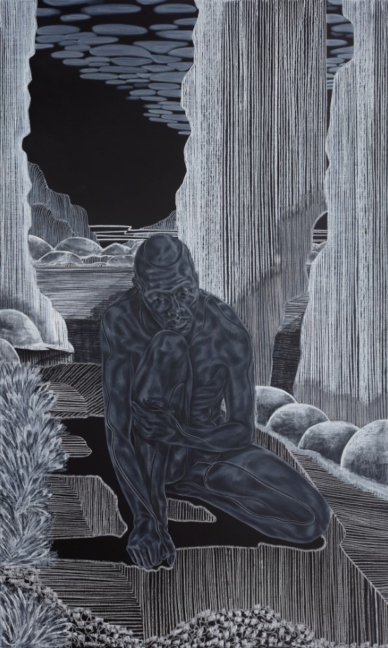Textural painting in black and white with a bald man crouched in the center of a deep forest of textured plants. 