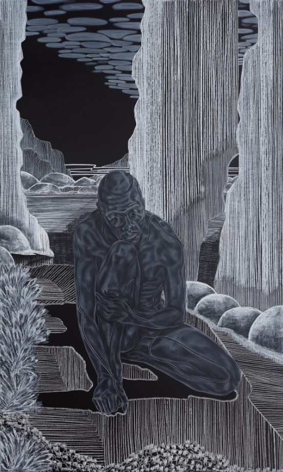 Textural painting in black and white with a bald man crouched in the center of a deep forest of textured plants.