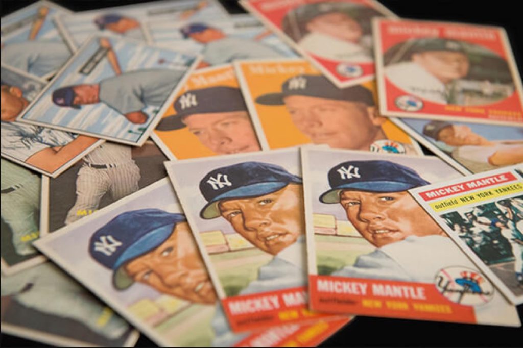 Close-up photograph of a pile of colorful baseball cards