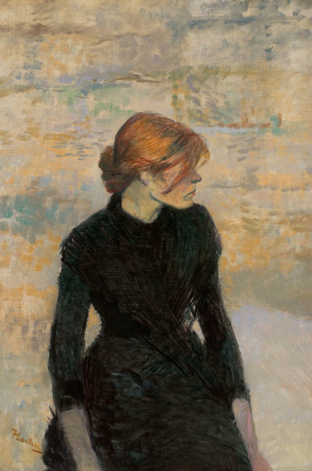 Lautrec Painting of a woman in a black dress standing in front of an abstract neutral background looking over her shoulder.