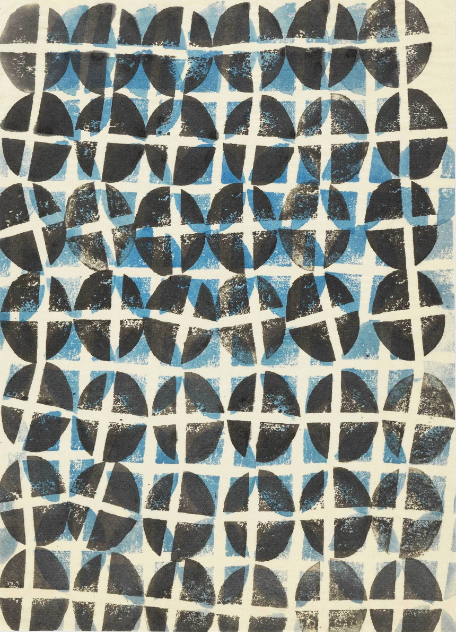 A print on paper by Rush Asawa depicting the repeated texture of a potato in black ink over a scattered repeating blue block pattern.
