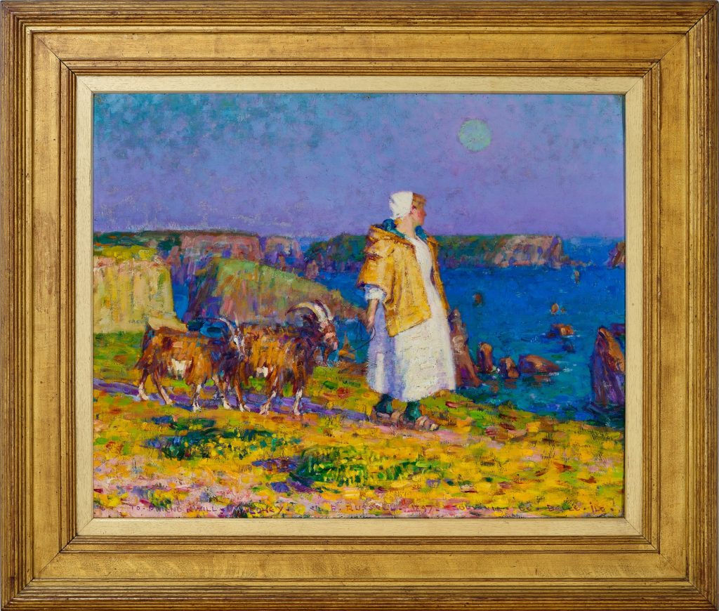 Australian painter John Peter Russel's 
SOUVENIR DE BELLE–ÎLE, 1897 depicts a Marianna Russel with goats overlooking a cliffside in an Impressionist Style. Deep yellows contrast the blue of the water below the cliffs and the purple and lavender dusk sky. The painting is encased in a aged gold frame. 