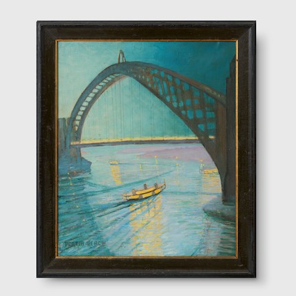 Portia Stanstron Geach's view of Sydney Harbor Bridge depicts a boat sailing under the Sydney Harbor Bridge beneath a lightly clouded blue sky with the bridge reflected in the waters. This oil on canvas painting is encased in a black frame with gold lining the painting. 