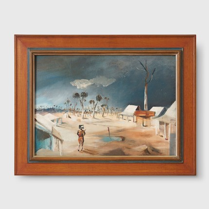 Sidney Nolan's Jerilderie, 1956 depicts the famed Ned Kelly riding into the town of Jerilderie, the location of the infamous 1879 bank heist. The oil on canvas painting is encased in a light brown wood frame.