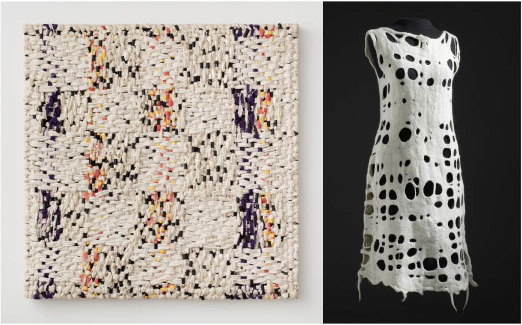 On the left there is a woven cloth square by Ed Rossbach made up of cream, yellow, blue, and orange threads. On the right is a white dress by Andrea Zittel with holes placed around the body.