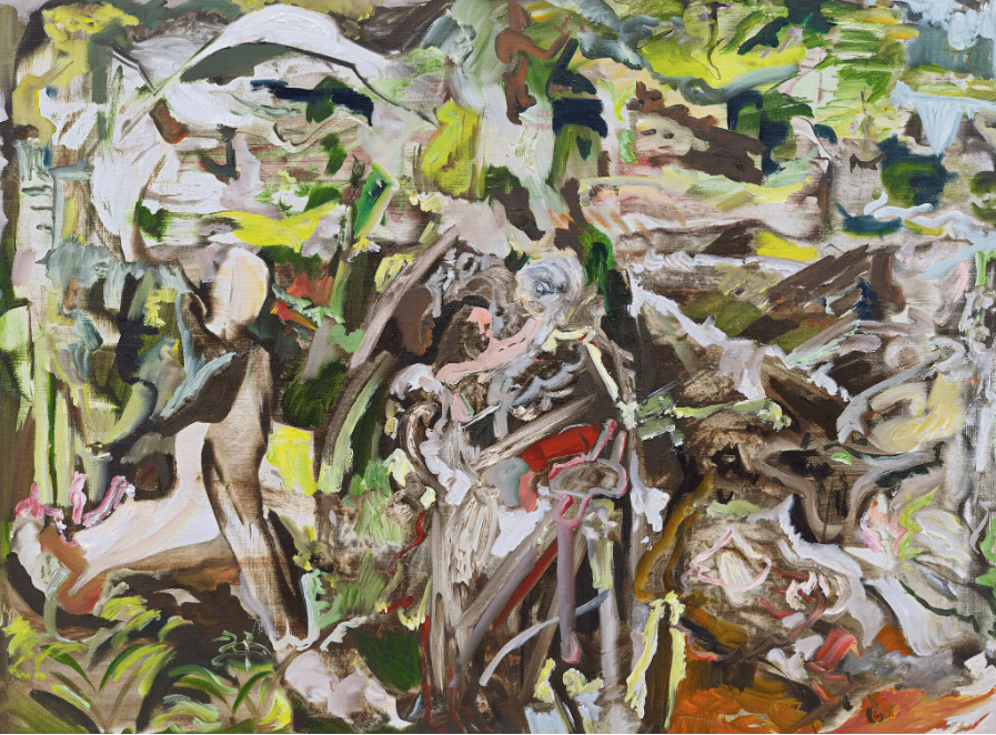 An abstract painting by Cecily Brown depicting streaks of tan, yellow, black, and red paint.