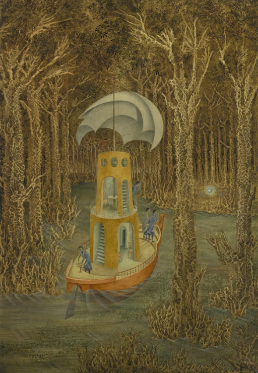 A surrealist image by Remedios Varo depicting a boat with two stack structure in the middle with stairs leading up. There are three sails attached to the top. The boat is sailing towards a blue orb in the distance through a swamp-like waterway surrounded by overgrown trees with coral textures.