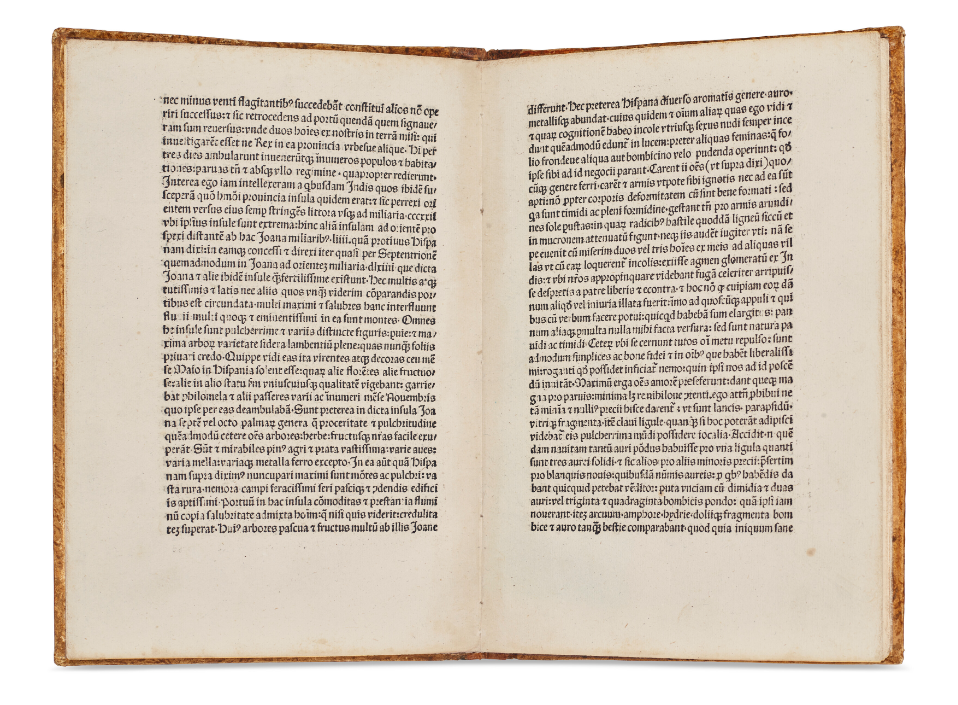 This image is of the Epistola de insulis nuper inventis by Christopher Columbus which depicts an aged, opened manuscript to a page full of latin characters.