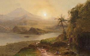 Image is of a landscape painting displaying a mountain scene, sunset, river, and a palm tree. Painting is by artist Frederic Edwin Church.