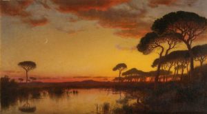 Image is of a landscape painting featuring a gold sunset over a scene of a placid lake and dark trees. Painting is by artist William Stanley Haseltine.