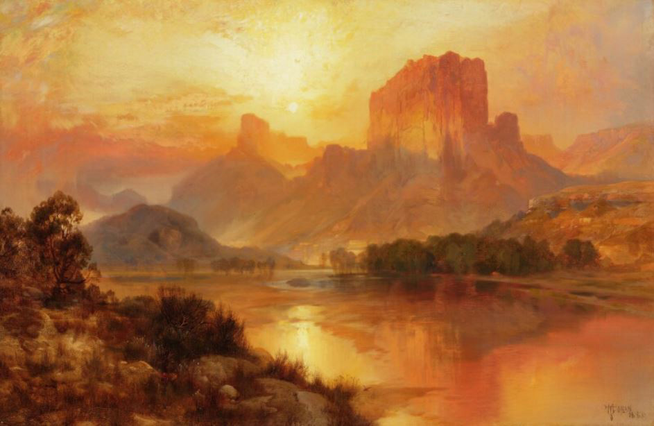 THOMAS MORAN
Green River, Wyoming, 1883
Oil on canvas
13 x 20 in.

ESTIMATE:
USD 800,000 – 1,200,000
ACHIEVED:
USD 1,451,000 (Premium)

Picture of an orange sunset on a river with mountains among the orange and yellow skies, reflecting on the water.