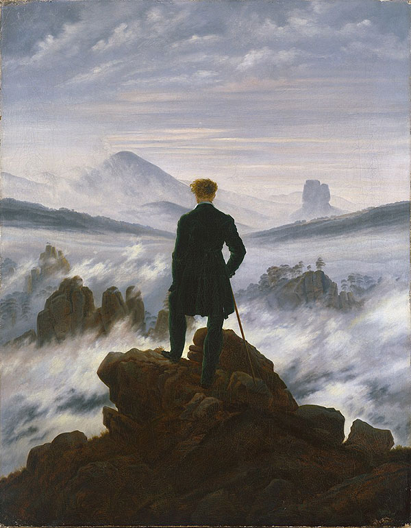 Caspar David Friedrich, Wanderer Above the Sea of Fog, circa 1817. Permanent loan from the Stiftung Hamburger Kunstsammlungen --- horizontal painting of a man's silhouette against the ocean. He is standing on a big rock and lookingat waves as they crash, amongst a foggy, cloudy sky.