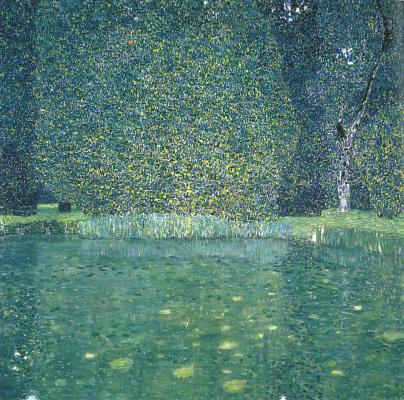 Park at Kammer Castle | Neue Galerie NY, square Lime green, dark blue and white landscape Klimt painting of a lake, grass and trees