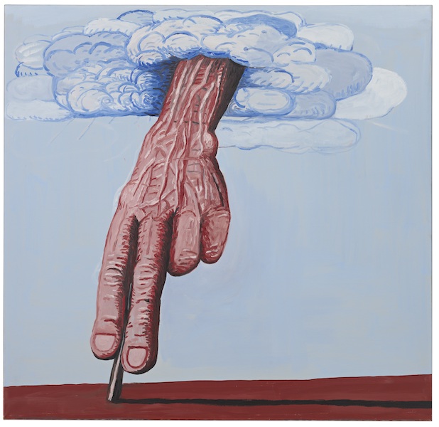 Philip Guston, The Line, 1978, Promised gift of Musa Guston Mayer to The Metropolitan, Museum of Art, New York -- square painting of a pink and vieny hand with two fingers down emerging from a cloud in the sky, the floor beneath the hand is red.