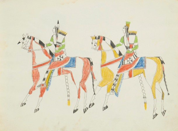 ETAHDLEUH DOANMOE
A Sketchbook of Drawings, c. 1876
8 1/2 x 11 1/4 in.

ESTIMATE: 
USD 200,000 – 300,000
ACHIEVED: 
USD 825,500 (Premium)

Sketch drawing of two Native Americans on horses.