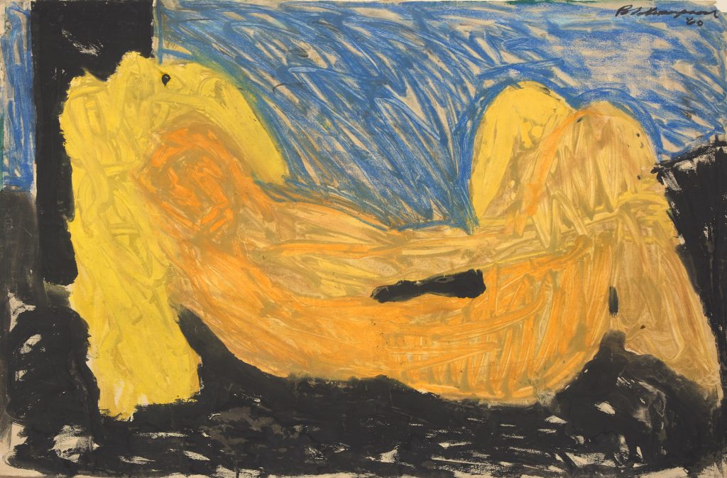 Bob Thomson, Golden Nude, 1960, The Collection of Sidney Rothberg, Philadelphia. Horizontal, rectangular image of a yellow naked women, the background is dark blue and black.