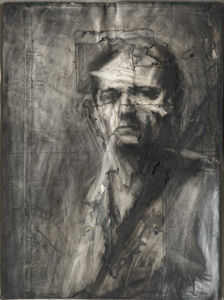 Frank Auerbach: The Charcoal Heads - The Courtauld. Black and white horizontal, rectangular charcoal portait of a man.