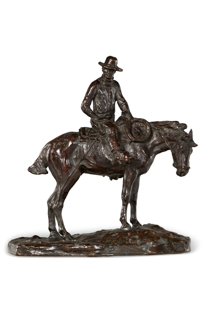 CHARLES MARTION RUSSELL
The Horse Wrangler, c. 1924
Bronze with reddish brown patina
Height: 14 in.

ESTIMATE:
USD 150,000 – 250,000
ACHIEVED:
USD 201,600 (Premium)

Black state of a man in a cowbo hat, riding a horse.