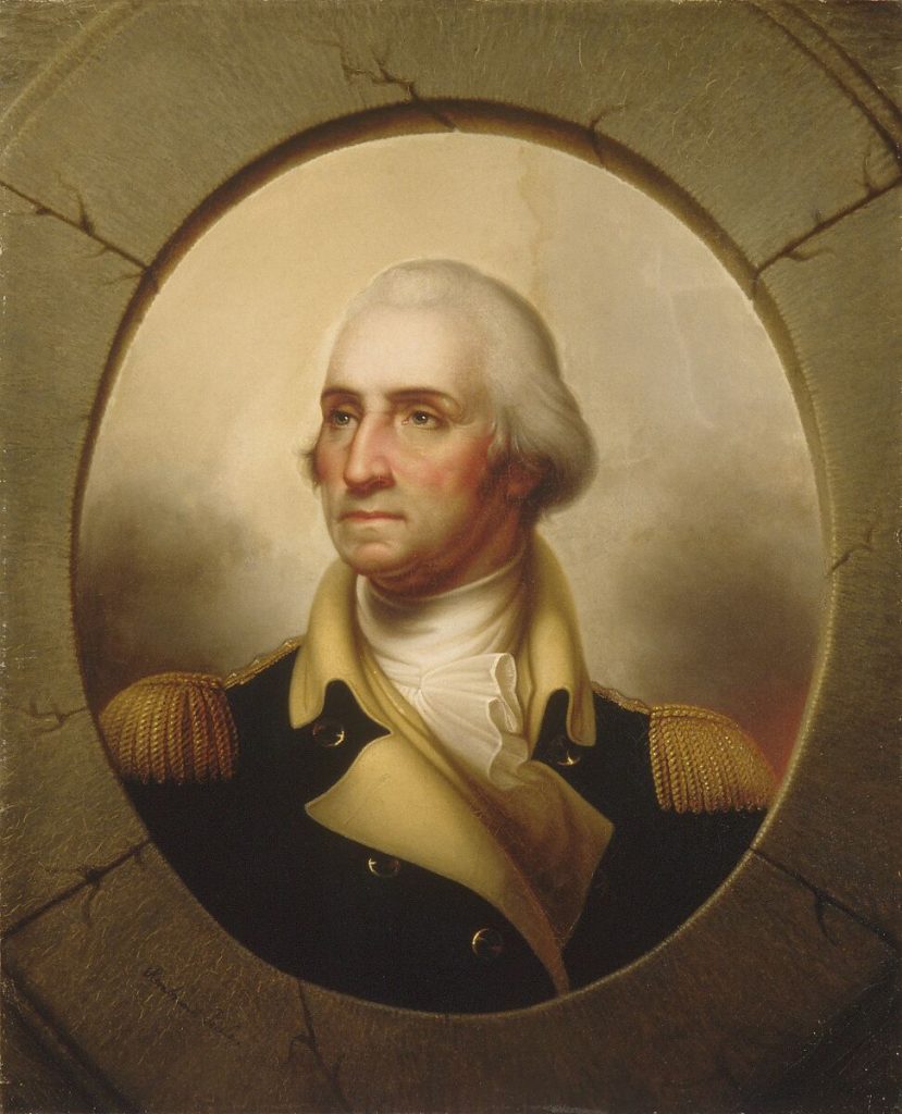 REMBRANDT PEALE
George Washington, c. 1852
Oil on canvas
36 x 29 1/4 in. 

ESTIMATE:
USD 300,000 – 500,000
ACHIEVED:
USD 529,000 (Premium)

Circular, framed portrait of George Washington with white top and yellow and black suit. He is in front of a tan, shaded background. 