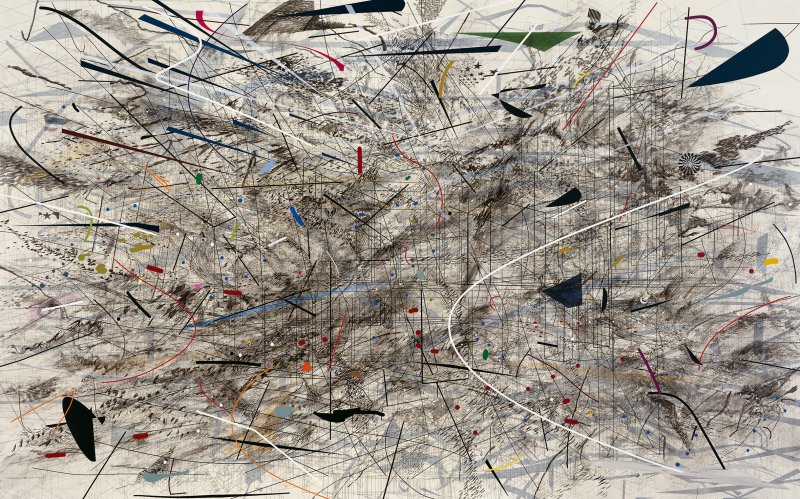 Julie Mehretu. Ensemble | Palazzo Grassi - Punta della Dogana - Collection  Pinault -- horizontal painting with a myriad of shapes and colors in front of a white backgroun 