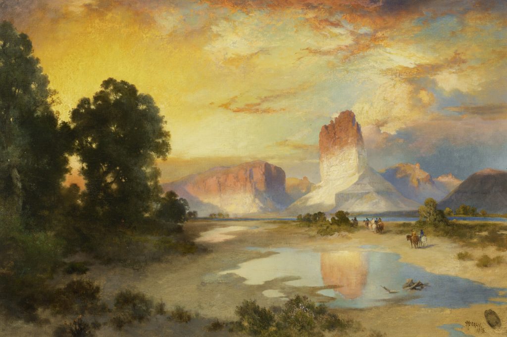 THOMAS MORAN
Afterglow, Green River, Wyoming, 
1918
Oil on canvas
20 x 30 in. 

ESTIMATE:
USD 1,200,000 – 1,800,000
ACHIEVED:
USD 2,228,000 (Premium)

Landscape painting of a yellow, blue, and orange sky, trees, and rocky mountains, reflecting on a small river with horses and people surrounding it.