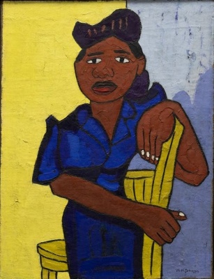 (BPRW) Met Exhibition to Present the Harlem Renaissance as the First  African American–led Movement of International Modern Art | Press releases  | Black PR Wire, Inc. - rectangular image of a woman in a blue jumpsuit with brown skin, brown hair and brown eyes. She is holding onto a yellow chair with a background that is half yellow and have light blue. Her nails are white.