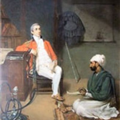 A portrait of Johan Zoffany, a blurry image of a classical painting, featuring European man in the 1700s beside a man from India, sitting on the ground, wearing a turban.