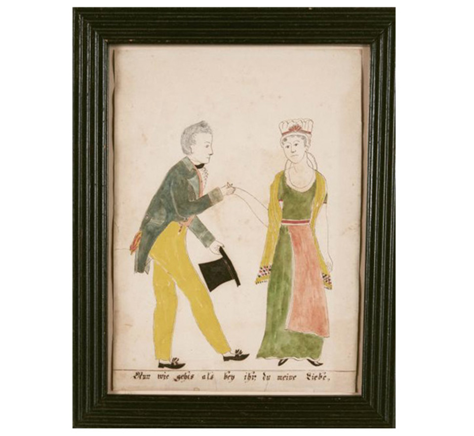 Doyle
January 23, 2020 - Cherished: American Folk Art & Toys from the Estate of a Private Collector
Sale 20FA01
Lot 380
American school
A Courtship Valentine
Watercolor on paper
11 1/4 x 8 in.
19th Century