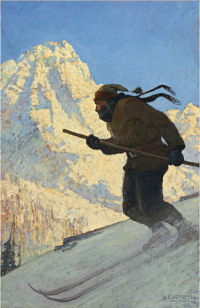 image of skiing man against snowy mountain landscape, painted by American artist NC Wyeth
