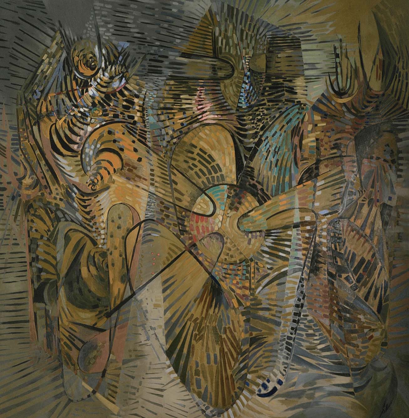 A large, square abstract painting in mostly brown, yellow ochre, and black  brush stroke and stripes.